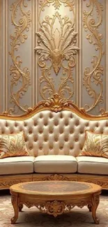 Luxurious Victorian living room with gold detailing and plush sofa set.