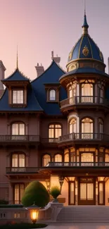 Elegant Victorian mansion at dusk, featuring intricate architectural design.