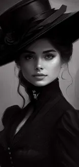 Monochrome illustration of woman in elegant Victorian hat and dress.