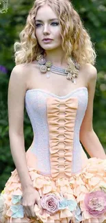 Victorian-style dress with pastel ruffles and floral details in an elegant outdoor setting.