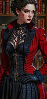 Victorian woman in red and black attire