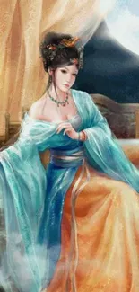 Vintage art wallpaper of a serene lady with blue and peach garments.