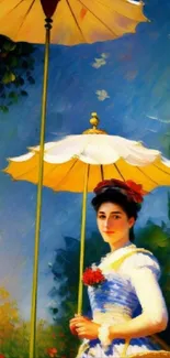 Vintage art wallpaper with elegant lady and parasols under a blue sky.