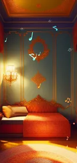 Vintage-style bedroom with orange decor and warm lighting.