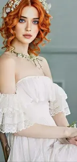 Graceful woman in white dress with floral headpiece, vintage style portrait.