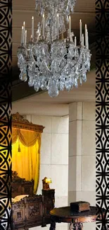 Elegant vintage wallpaper with chandelier and Baroque design.