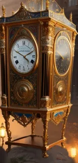 Ornate vintage gold clock against a moody backdrop.