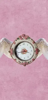 Vintage winged clock on pink textured background.