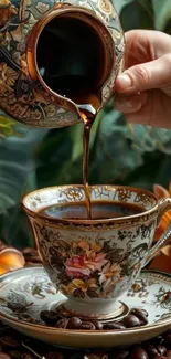 Vintage cup with coffee being poured elegantly surrounded by coffee beans.