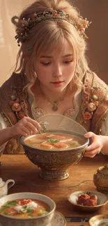 Young woman in vintage attire enjoying a meal.