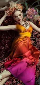 Model in colorful dress lies on ornate patterned sofa.