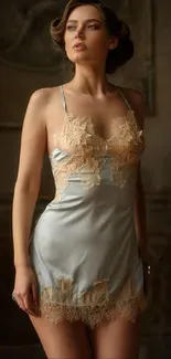 Elegant woman in a vintage-inspired silk dress with soft lighting.