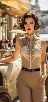Elegant woman in vintage fashion beside a classic car.