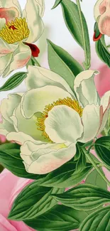 Vintage floral wallpaper with pink and green hues, featuring elegant flowers.