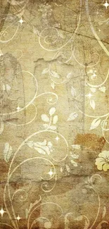 Vintage wallpaper with elegant floral and swirl patterns in beige tones.