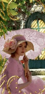 Woman in pink dress with parasol in a vintage garden.