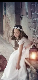 Vintage girl in white dress beside a lantern, rustic stone backdrop.