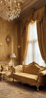 Elegant gold-themed living room with a vintage sofa and chandelier.