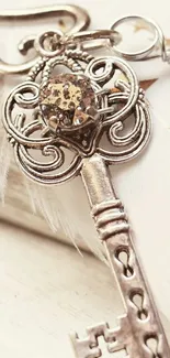 Ornate silver key on feathered background with golden stars.