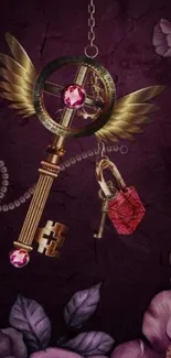 Elegant vintage key with wings on dark purple background.