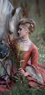 Vintage lady in a dress with a white horse in a pastoral setting.