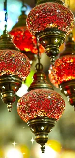 Vintage lanterns with red mosaic design providing elegant decor.