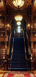 Elegant vintage library with wooden staircase and ambient lighting.