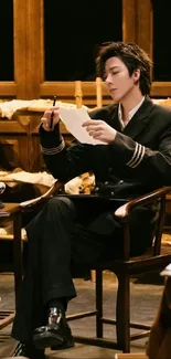 Man in vintage office setting, seated with classic decor and brown hues.