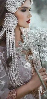 Stylish woman with pearl accessories holding a floral branch.