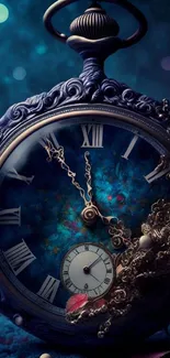 Vintage pocket watch with blue ornate design and Roman numerals on a dark background.