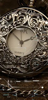 Intricate vintage pocket watch with ornate design on a dark background.