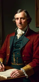 18th-century gentleman in vintage attire writing at desk.