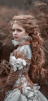 Vintage styled girl in ornate dress, sepia background.