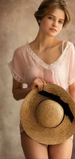 Elegant woman holding a straw hat in vintage-style portrait wallpaper.