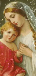 Vintage religious artwork of mother and child with starry background.