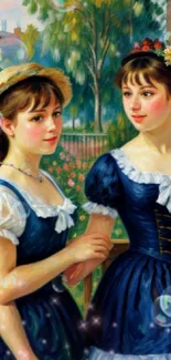 Vintage painting of two sisters in blue with a garden backdrop.