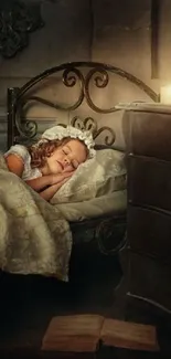 Child sleeping in vintage room under candlelight.