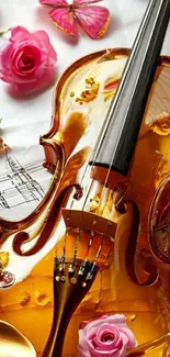 Elegant violin with roses and sheet music.