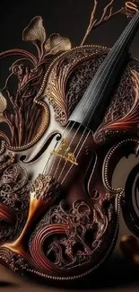 Intricate violin with dark wood design and ornate patterns.