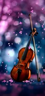 Violin with floral elements in a dreamy purple background.