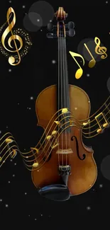 Mobile wallpaper featuring a violin with golden music notes on a dark background.