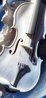 White violin with cosmic background in space.