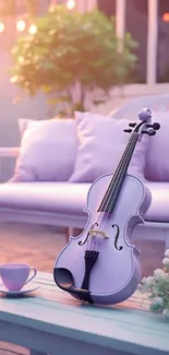 Lavender violin on a cozy sofa in a serene setting.