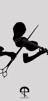 Minimalist wallpaper featuring a violinist silhouette in black on a grey background.