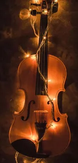 Violin surrounded by glowing fairy lights on a dark background.