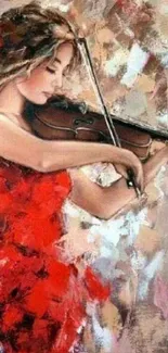 Artistic wallpaper of woman playing violin in red dress.