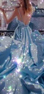 Elegant woman in blue gown playing violin with sparkling lights.