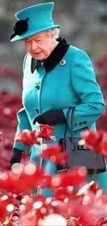 Elegant figure in teal among vibrant red flowers.