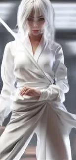 Elegant warrior in white attire holding a sword, set against a blurred background.