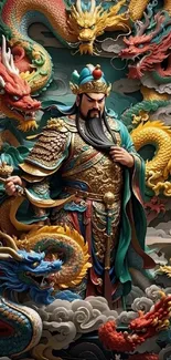 Legendary warrior with colorful dragons artwork.